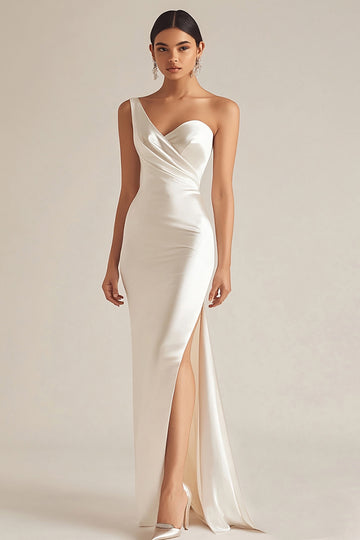 Ivory One Shoulder Sheath Engagement Dress with Slit